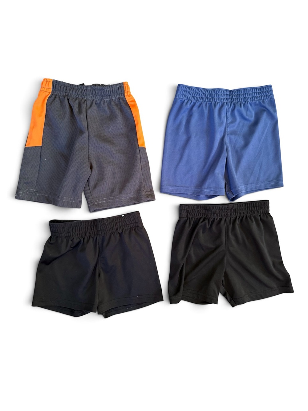 4-Pack Kids Athletic Shorts - Black, Blue, Gray with Orange Accent